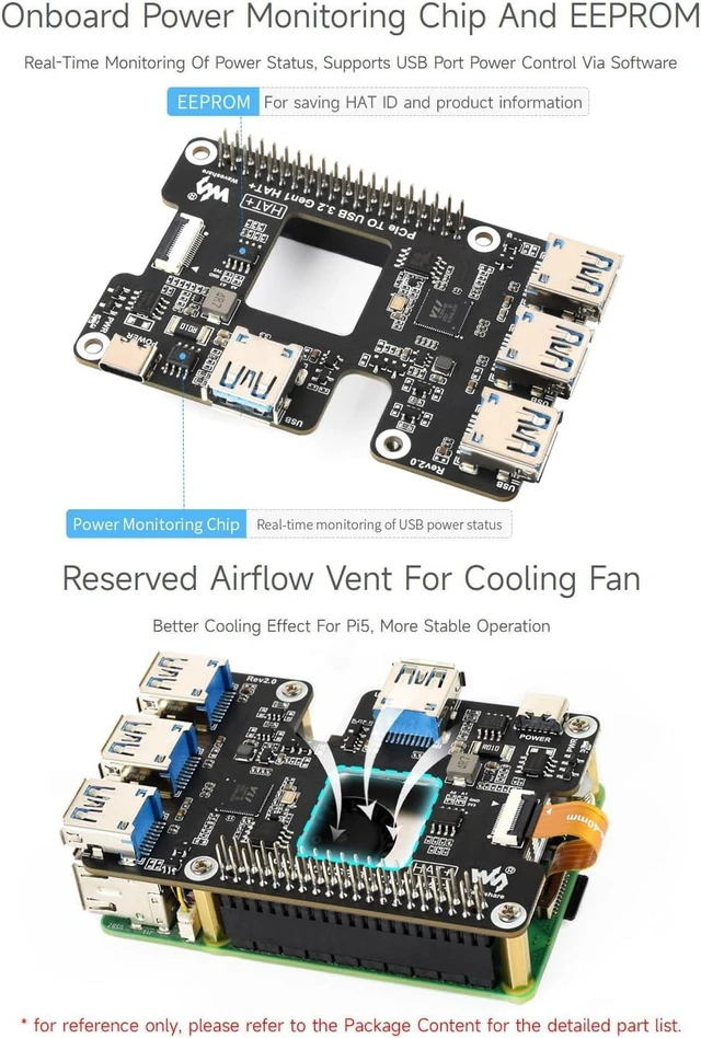 Alt view image 6 of 7 - Waveshare PCIe to USB 3.2 Gen1 HAT for Raspberry Pi 5, PCIe to USB HUB, 4X High Speed USB Ports, No Driver Required, Plug and Play, HAT + Standard
