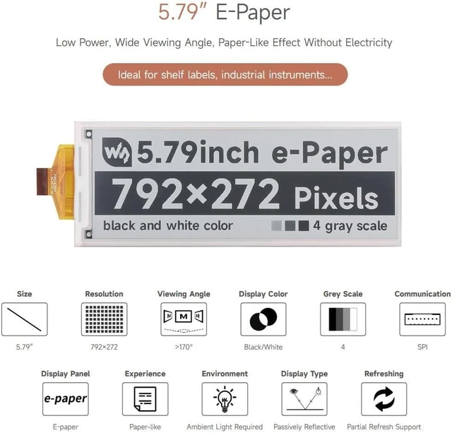 Alt view image 3 of 6 - Waveshare 5.79inch E-Paper Raw Display, Compatible with Raspberry Pi, E-Ink Display, 792x272, Black/White, SPI Communication, Without Driver Board