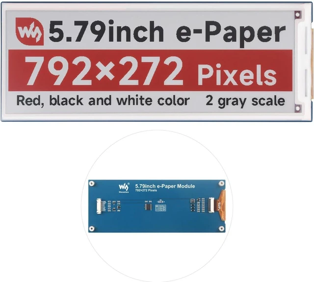 Main image of Waveshare 5.79inch E-Paper Module (B), Compatible with Raspberry Pi 5, E-Ink Display, 792x272, Red/Black/White, SPI Interface