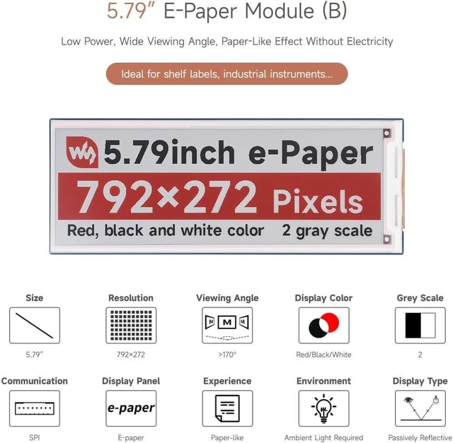 Alt view image 3 of 7 - Waveshare 5.79inch E-Paper Module (B), Compatible with Raspberry Pi 5, E-Ink Display, 792x272, Red/Black/White, SPI Interface