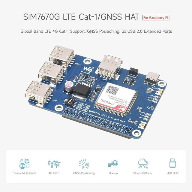 Alt view image 3 of 7 - Waveshare Cat-1/GNSS HAT for Raspberry Pi, Based On SIM7670G Module | Global Multi-band LTE 4G Cat-1 support, GNSS positioning, 3x USB 2.0 extended ports
