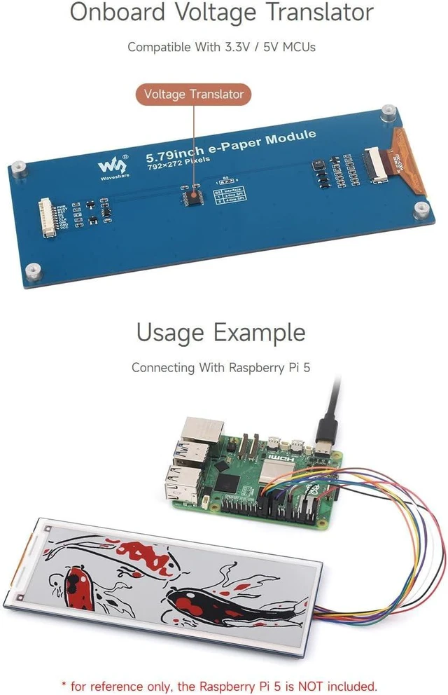 Alt view image 7 of 7 - Waveshare 5.79inch E-Paper Module (B), Compatible with Raspberry Pi 5, E-Ink Display, 792x272, Red/Black/White, SPI Interface