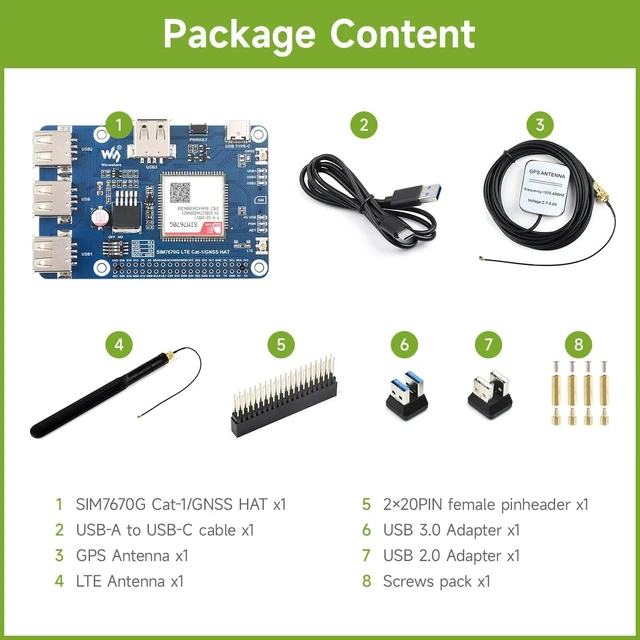Alt view image 2 of 7 - Waveshare Cat-1/GNSS HAT for Raspberry Pi, Based On SIM7670G Module | Global Multi-band LTE 4G Cat-1 support, GNSS positioning, 3x USB 2.0 extended ports