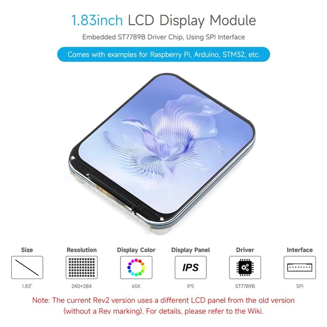 Alt view image 3 of 7 - Waveshare 1.83inch LCD Display Module, Compatible with Raspberry Pi 5, 240×284 Resolution, SPI Interface, IPS LCD, 65K Colors, Rounded Corners, Micro LCD Display