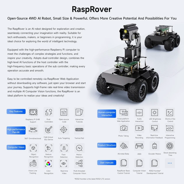 Alt view image 3 of 7 - Waveshare RaspRover Open-Source 4WD AI Robot,Compatible with Raspberry Pi 5, Dual Controllers, Computer Vision, PI5-4GB Included