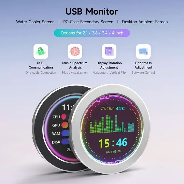 Alt view image 3 of 7 - waveshare 4inch USB Monitor, PC Case Secondary Screen/Desktop RGB Ambient Screen, IPS Panel, 720×720 Resolution, with Music Spectrum Analysis Function, Type-C Interface, CNC Metal Case, Grey