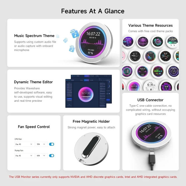 Alt view image 4 of 7 - waveshare 4inch USB Monitor, PC Case Secondary Screen/Desktop RGB Ambient Screen, IPS Panel, 720×720 Resolution, with Music Spectrum Analysis Function, Type-C Interface, CNC Metal Case, Grey