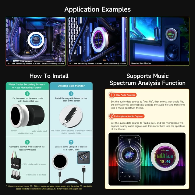 Alt view image 6 of 7 - waveshare 4inch USB Monitor, PC Case Secondary Screen/Desktop RGB Ambient Screen, IPS Panel, 720×720 Resolution, with Music Spectrum Analysis Function, Type-C Interface, CNC Metal Case, Grey
