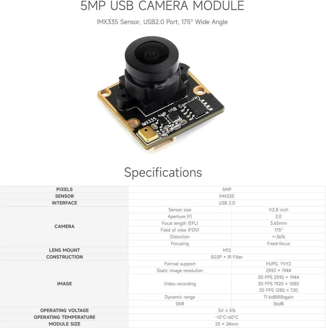 Alt view image 3 of 7 - waveshare IMX335 5MP USB Camera (B), Compatible with Raspberry Pi 5 and Jetson Orin kit, 2K Video Recording, Better Sensitivity in Low-Light Condition, Wide Dynamic Range