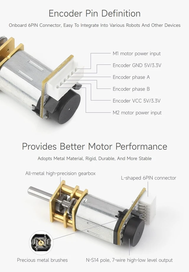 Alt view image 5 of 6 - Waveshare N20 DC Gear Motor, Magnetic Hall Encoder, All-Metal Gearbox, High Precision Reduction Motor, with L-Shaped 6PIN Connector