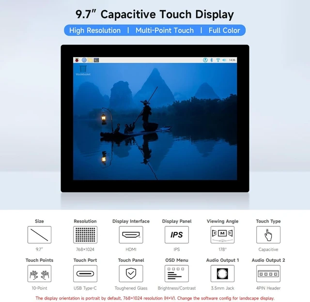 Alt view image 3 of 7 - Waveshare 9.7inch Capacitive Touch Display, Supports All Versions of Raspberry Pi, Compatible with Raspberry Pi 5, 768×1024, Supports Windows 11/10 / 8.1/8 / 7