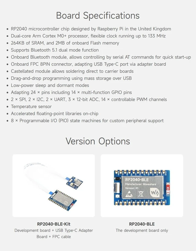 Alt view image 4 of 7 - Waveshare RP2040-BLE Development Board, Raspberry Pi Microcontroller Development Board, Based On RP2040, Supports Bluetooth 5.1 Dual Mode, with USB Port Adapter Board and 8PIN FPC Cable ~15cm