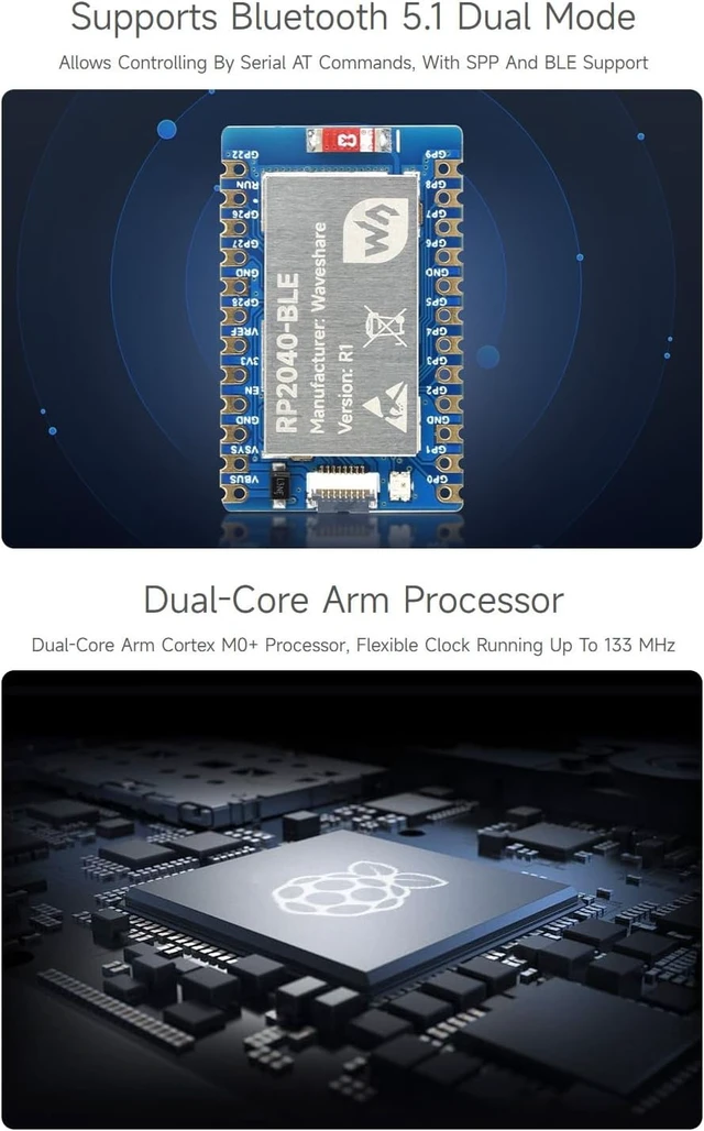 Alt view image 6 of 7 - Waveshare RP2040-BLE Development Board, Raspberry Pi Microcontroller Development Board, Based On RP2040, Supports Bluetooth 5.1 Dual Mode, with USB Port Adapter Board and 8PIN FPC Cable ~15cm