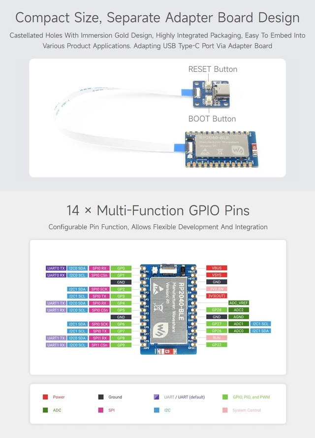 Alt view image 7 of 7 - Waveshare RP2040-BLE Development Board, Raspberry Pi Microcontroller Development Board, Based On RP2040, Supports Bluetooth 5.1 Dual Mode, with USB Port Adapter Board and 8PIN FPC Cable ~15cm