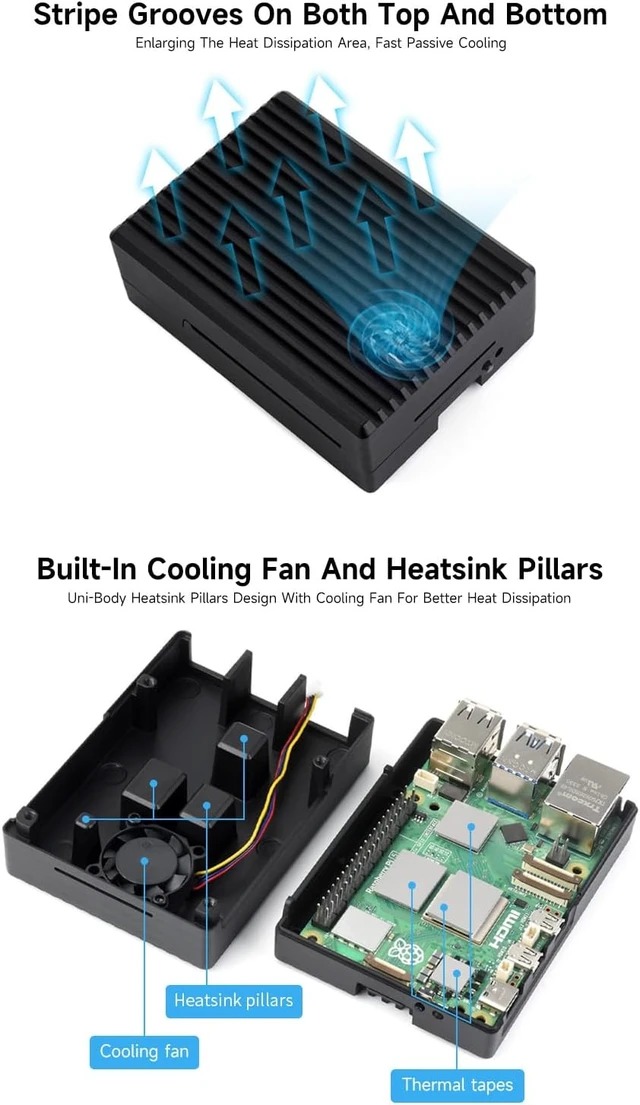 Alt view image 4 of 7 - Waveshare Aluminum Stripe Grooved Case for Raspberry Pi 5, Built-in Cooling Fan and Heatsink Pillars