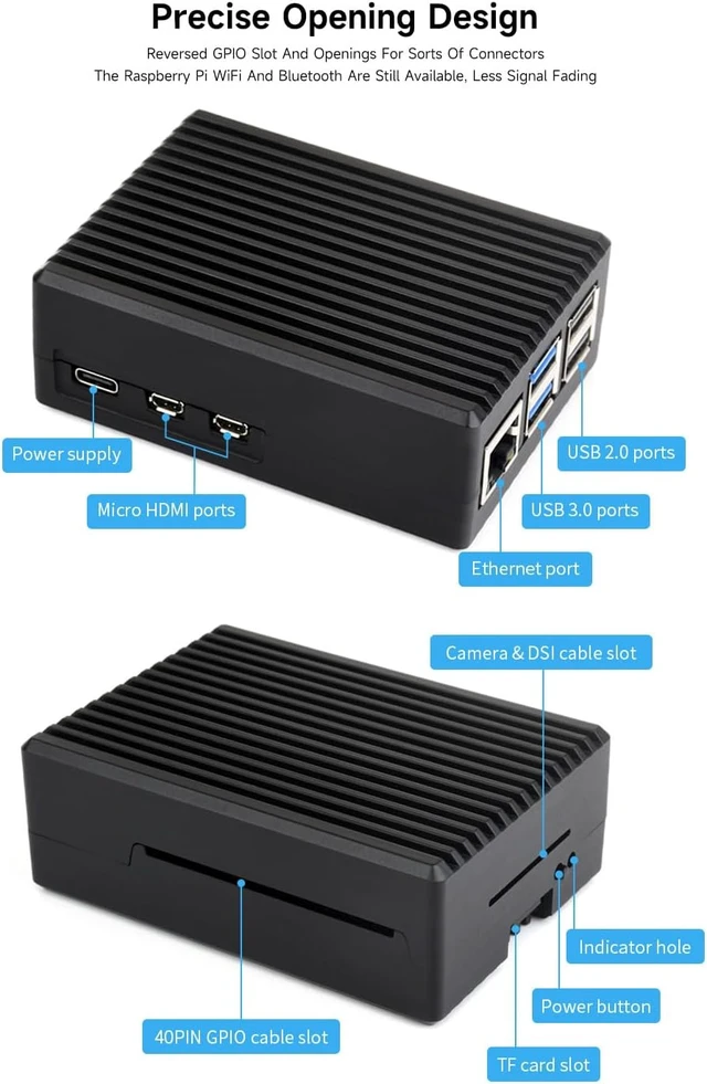 Alt view image 5 of 7 - Waveshare Aluminum Stripe Grooved Case for Raspberry Pi 5, Built-in Cooling Fan and Heatsink Pillars