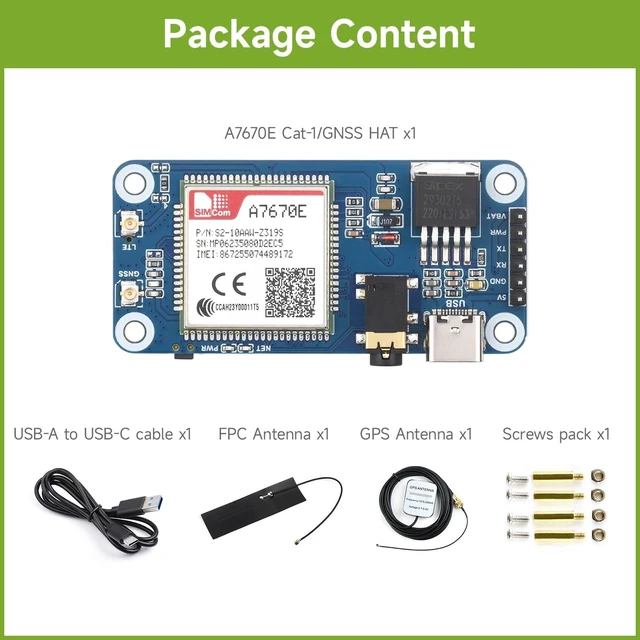 Alt view image 2 of 7 - Waveshare Cat-1/GSM/GPRS/GNSS HAT, Compatible with Raspberry Pi, Based On A7670E Module, LTE Cat-1 / 2G Support, GNSS Positioning