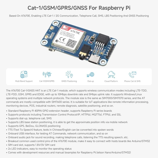 Alt view image 3 of 7 - Waveshare Cat-1/GSM/GPRS/GNSS HAT, Compatible with Raspberry Pi, Based On A7670E Module, LTE Cat-1 / 2G Support, GNSS Positioning