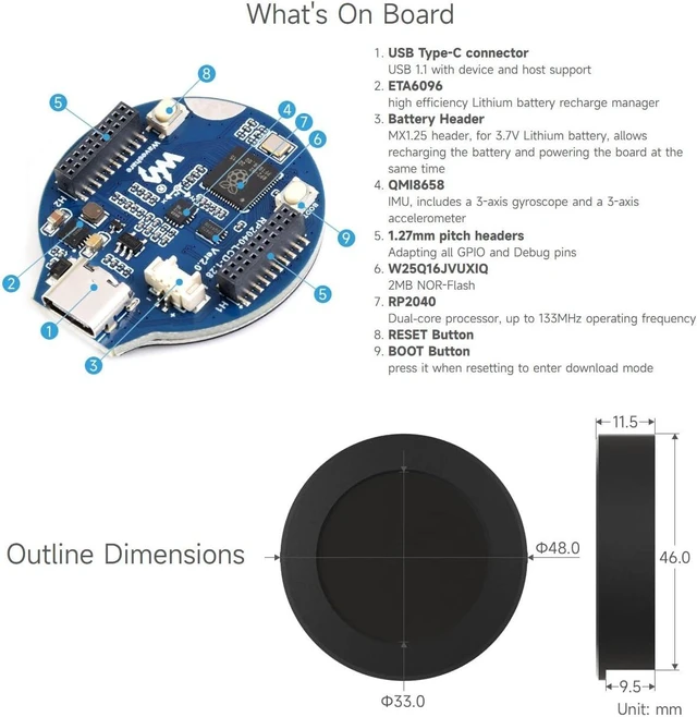 Alt view image 7 of 7 - Waveshare RP2040 MCU Board, with 1.28inch Round LCD, Accelerometer and Gyroscope Sensor, with CNC Metal Case