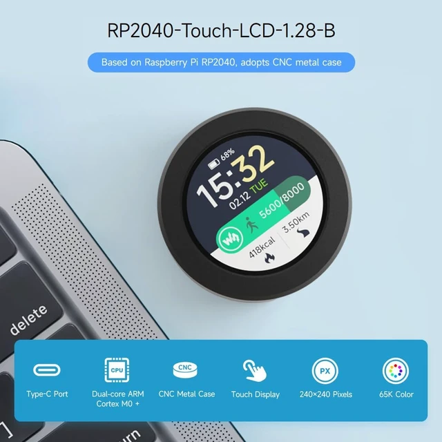 Alt view image 3 of 7 - Waveshare RP2040 Microcontroller Development Board, with 1.28inch Round Touch LCD, Compact Size, Accelerometer and Gyroscope Sensor, with CNC Metal Case