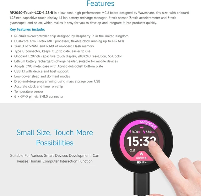Alt view image 4 of 7 - Waveshare RP2040 Microcontroller Development Board, with 1.28inch Round Touch LCD, Compact Size, Accelerometer and Gyroscope Sensor, with CNC Metal Case