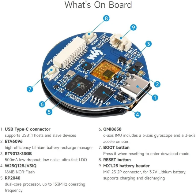 Alt view image 7 of 7 - Waveshare RP2040 Microcontroller Development Board, with 1.28inch Round Touch LCD, Compact Size, Accelerometer and Gyroscope Sensor, with CNC Metal Case