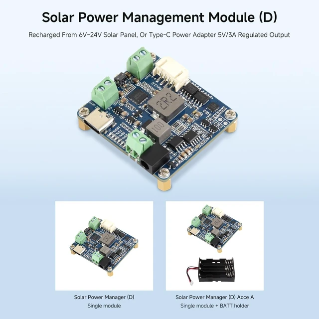 Alt view image 3 of 7 - Waveshare Solar Power Manager Module (D), Solar Charge Controller USB, Supports 6V~24V Solar Panel and Type-C Power Adapter, 5V/3A Regulated Output, with Battery Holder (Batteries are Not Included)
