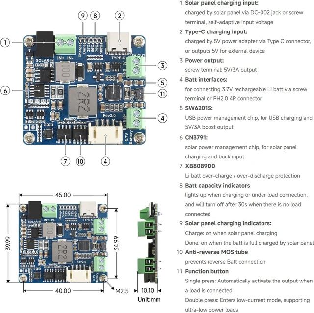 Alt view image 7 of 7 - Waveshare Solar Power Manager Module (D), Solar Charge Controller USB, Supports 6V~24V Solar Panel and Type-C Power Adapter, 5V/3A Regulated Output, with Battery Holder (Batteries are Not Included)
