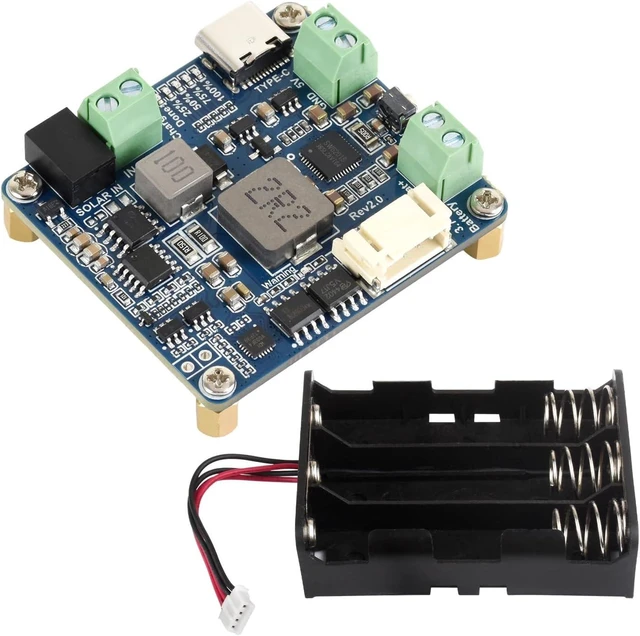 Main image of Waveshare Solar Power Manager Module (D), Solar Charge Controller USB, Supports 6V~24V Solar Panel and Type-C Power Adapter, 5V/3A Regulated Output, with Battery Holder (Batteries are Not Included)