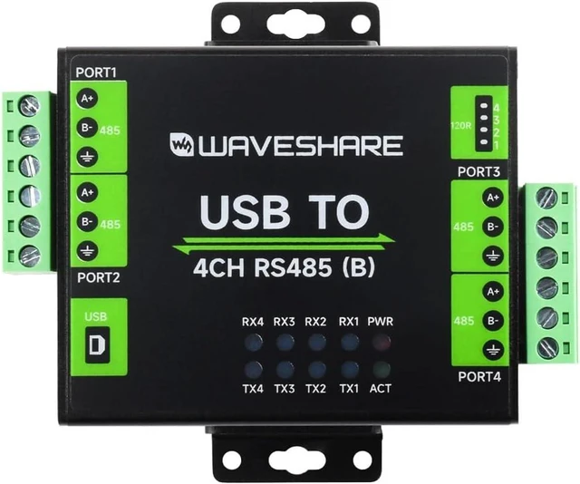 Main image of Waveshare Industrial Isolated USB to 4-Ch RS485 Converter (B), CH344L Chip, Multi Protection Circuits, Multi Systems Support, Aluminium Alloy Case, Wall-Mount & Rail-Mount Support