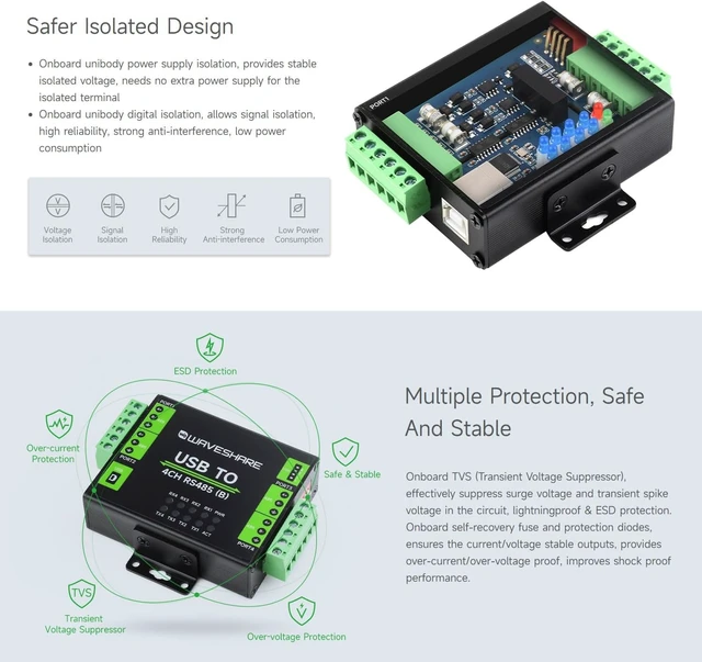 Alt view image 5 of 7 - Waveshare Industrial Isolated USB to 4-Ch RS485 Converter (B), CH344L Chip, Multi Protection Circuits, Multi Systems Support, Aluminium Alloy Case, Wall-Mount & Rail-Mount Support