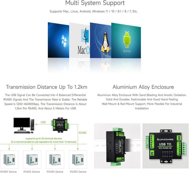 Alt view image 6 of 7 - Waveshare Industrial Isolated USB to 4-Ch RS485 Converter (B), CH344L Chip, Multi Protection Circuits, Multi Systems Support, Aluminium Alloy Case, Wall-Mount & Rail-Mount Support