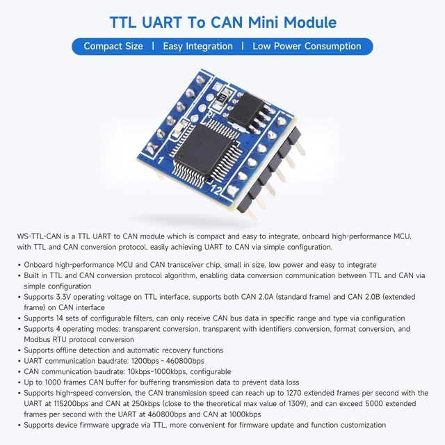 Alt view image 3 of 7 - Waveshare TTL UART to CAN Mini Module, with TTL and CAN Conversion Protocol, Supports Bi-Directional Transmitting and Receiving, Multiple Operating Modes