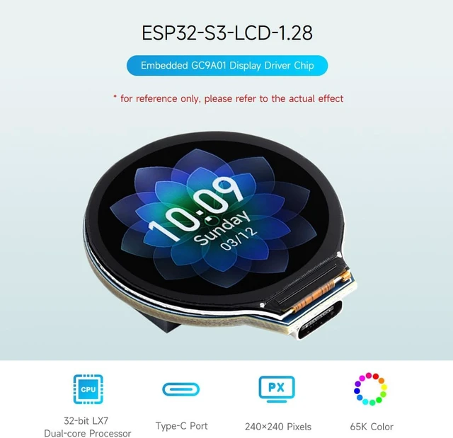Alt view image 3 of 7 - Waveshare ESP32-S3 Development Board, 32-Bit LX7 Dual-Core Processor, Integrates GC9A01 Display Driver Chip, with 1.28inch IPS Round LCD, 240×240 Resolution, Supports WiFi/Bluetooth