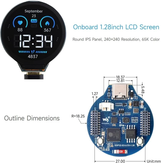 Alt view image 5 of 7 - Waveshare ESP32-S3 Development Board, 32-Bit LX7 Dual-Core Processor, Integrates GC9A01 Display Driver Chip, with 1.28inch IPS Round LCD, 240×240 Resolution, Supports WiFi/Bluetooth