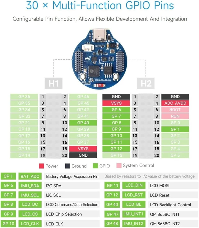 Alt view image 6 of 7 - Waveshare ESP32-S3 Development Board, 32-Bit LX7 Dual-Core Processor, Integrates GC9A01 Display Driver Chip, with 1.28inch IPS Round LCD, 240×240 Resolution, Supports WiFi/Bluetooth