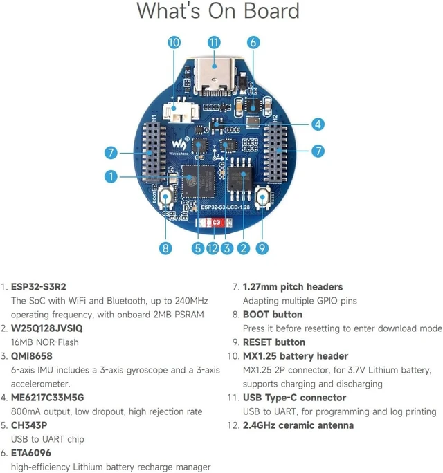 Alt view image 7 of 7 - Waveshare ESP32-S3 Development Board, 32-Bit LX7 Dual-Core Processor, Integrates GC9A01 Display Driver Chip, with 1.28inch IPS Round LCD, 240×240 Resolution, Supports WiFi/Bluetooth