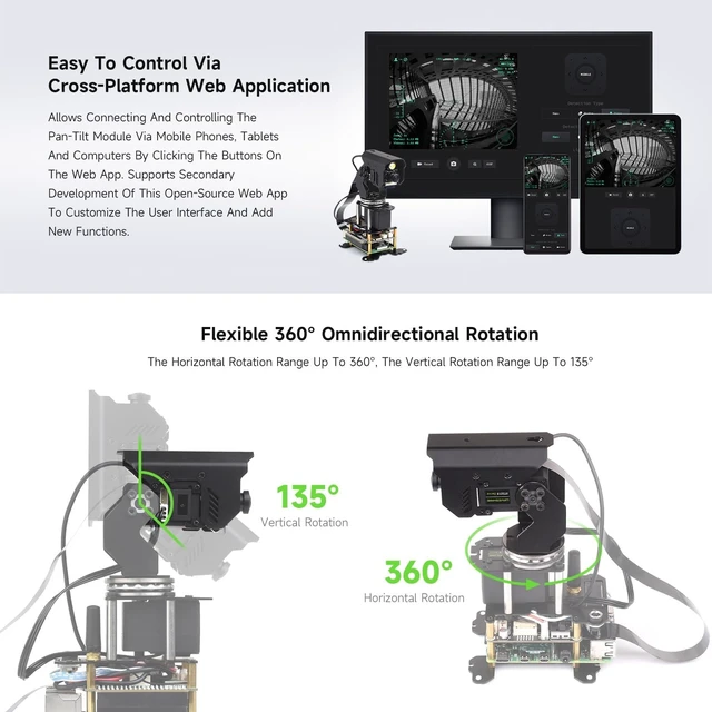 Alt view image 5 of 7 - Waveshare 360° Omnidirectional High-Torque 2-Axis Expandable Pan-Tilt Camera Module, Compatible with Raspberry Pi 4B / 5, Driven By Serial Bus Servos, Based On General Driver Board for Robots