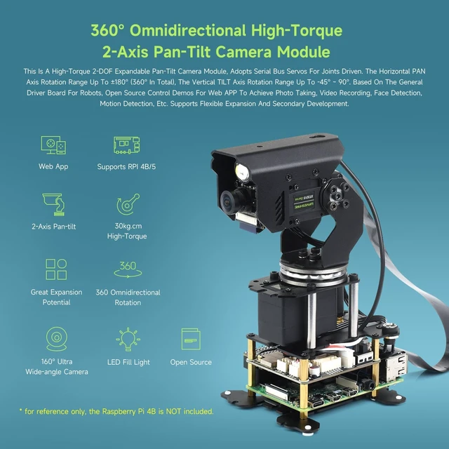 Alt view image 3 of 7 - Waveshare 360° Omnidirectional High-Torque 2-Axis Expandable Pan-Tilt Camera Module, Compatible with Raspberry Pi 4B / 5, Driven By Serial Bus Servos, Based On General Driver Board for Robots