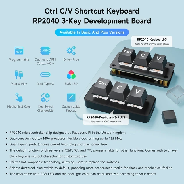 Alt view image 3 of 7 - waveshare Ctrl C/V Shortcut Keyboard for Programmers, 3-Key Development Board, Adopts RP2040 Microcontroller Chip, Programmable Key Function, Dual Type-C Ports, Plug and Play Without Driver