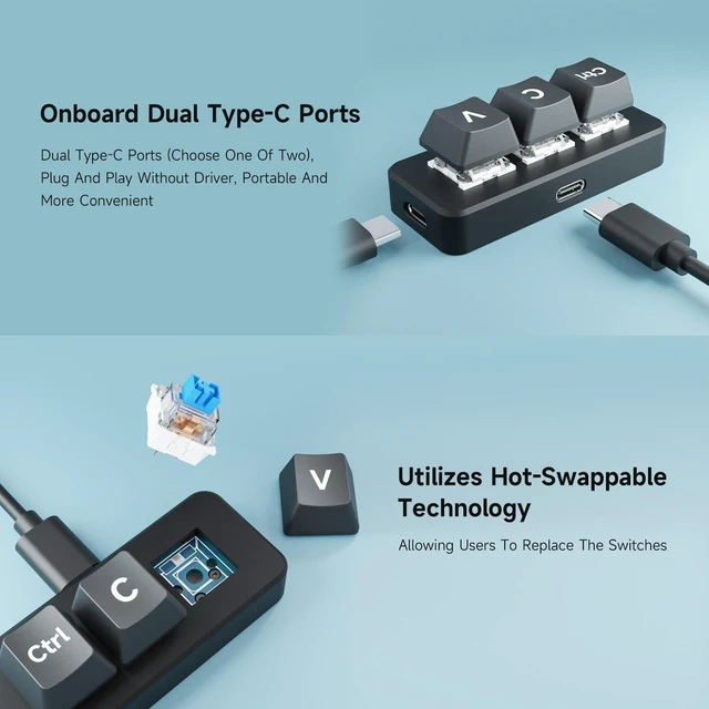 Alt view image 4 of 7 - waveshare Ctrl C/V Shortcut Keyboard for Programmers, 3-Key Development Board, Adopts RP2040 Microcontroller Chip, Programmable Key Function, Dual Type-C Ports, Plug and Play Without Driver