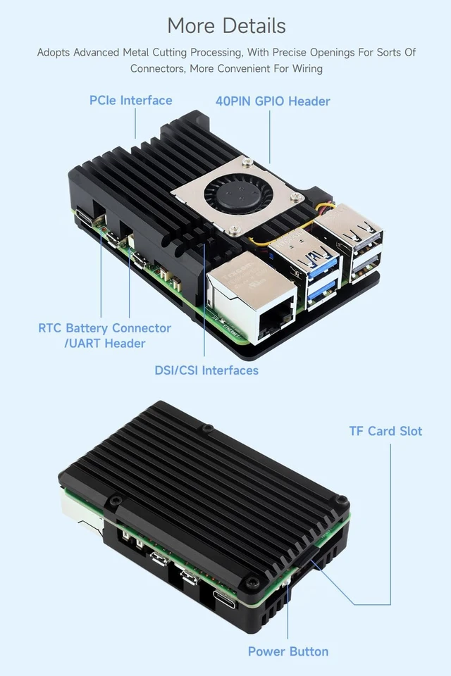 Alt view image 5 of 7 - Waveshare Aluminium Alloy Case (H) for Raspberry Pi 5, with Temperature-Controlled Blower Fan, Faster Heat Dissipation, More Durable
