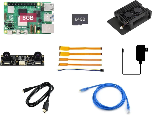 Main image of Waveshare Dual Camera Kit, Compatible with Raspberry Pi 5, Bundle with Raspberry Pi 5 8GB, IMX219-83 Stereo Camera,TF Card 64GB, Power Supply and so on (10 Items)