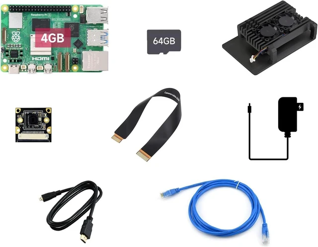 Main image of Waveshare Dual Camera Kit, Compatible with Raspberry Pi 5, Bundle with Raspberry Pi 5 4GB, 2pcs PI5-IMX219-77 Camera,TF Card 64GB, Power Supply and so on (8 Items)