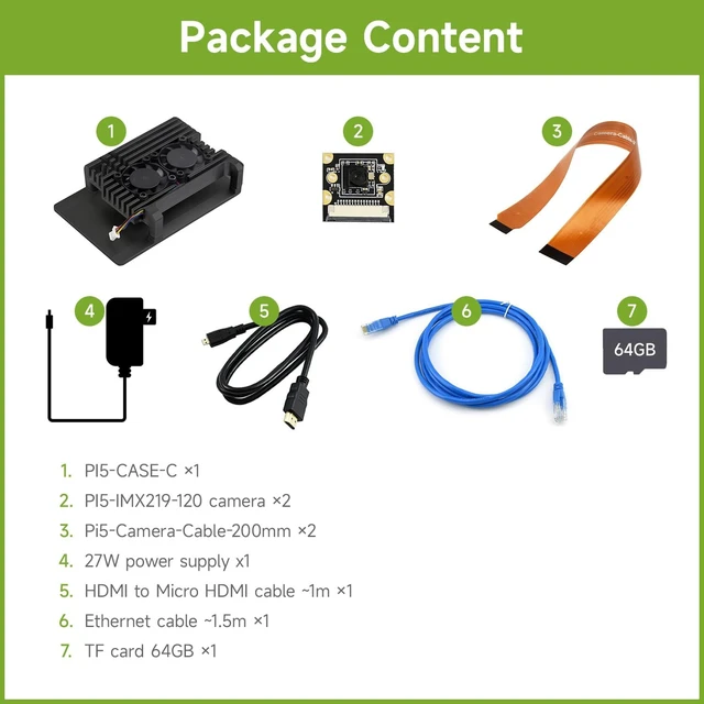 Alt view image 2 of 7 - Waveshare Dual Camera Accessories, Compatible with Raspberry Pi 5, Bundle with 2pcs PI5-IMX219-120 Camera,TF Card 64GB, Power Supply and so on (7 Items)