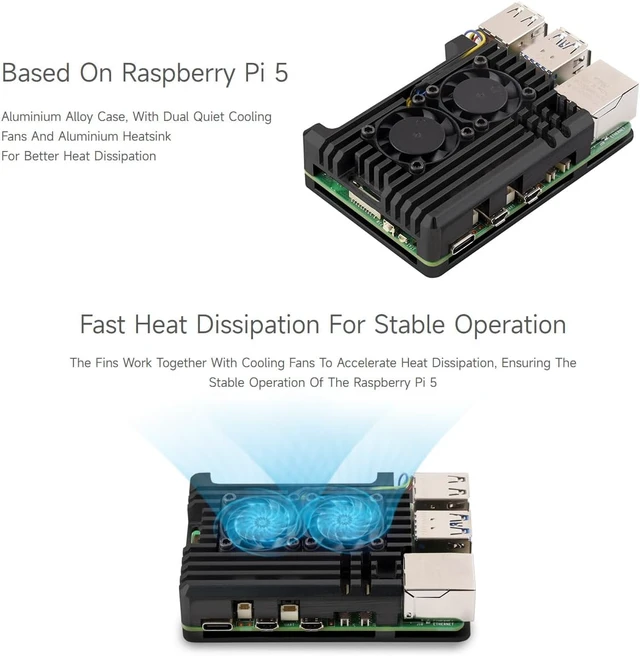Alt view image 4 of 6 - Waveshare Aluminium Alloy Case for Raspberry Pi 5, Comes with Dual Cooling Fans, Faster Heat Dissipation, More Durable