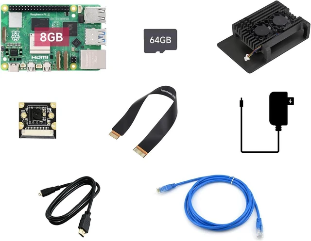 Main image of Waveshare Dual Camera Kit, Compatible with Raspberry Pi 5, Bundle with Raspberry Pi 5 8GB, 2pcs PI5-IMX219-120 Camera,TF Card 64GB, Power Supply and so on (8 Items)