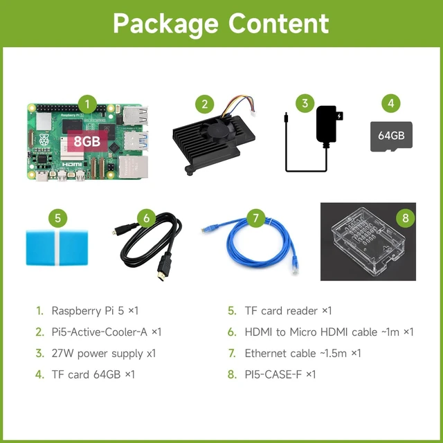 Alt view image 2 of 7 - Waveshare Starter Kit, Compatible with Raspberry Pi 5, Bundle with Raspberry Pi 5 8GB, 64GB TF Card, Cooler, Case, Cable and so on (8 Items)