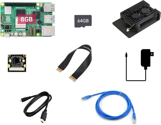 Main image of Waveshare Dual Camera Kit, Compatible with Raspberry Pi 5, Bundle with Raspberry Pi 5 8GB, 2pcs PI5-IMX219-77 Camera,TF Card 64GB, Power Supply and so on (8 Items)