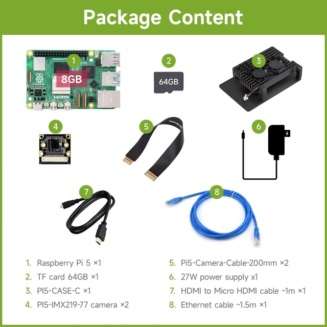 Alt view image 2 of 7 - Waveshare Dual Camera Kit, Compatible with Raspberry Pi 5, Bundle with Raspberry Pi 5 8GB, 2pcs PI5-IMX219-77 Camera,TF Card 64GB, Power Supply and so on (8 Items)